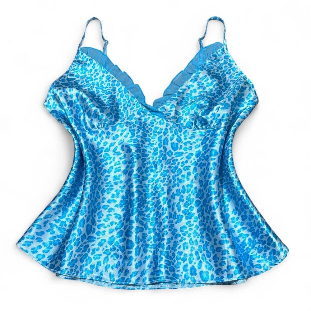 Y2K Blue Leopard Print Kathryn Lace Trim Slip Cami Top Medium